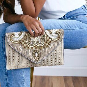 Lulus Constantinople Gold Beaded Clutch Fairycore Elegant Evening OS